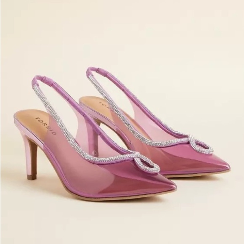 torrid Pink Patent Pointed-Toe Slingback Heels with Rhinestone Trim